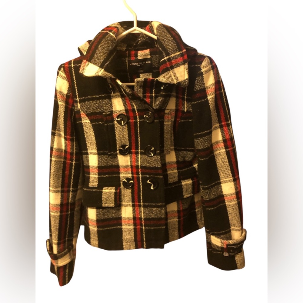 Kenneth Blake New York Red Plaid Hooded Pea Coat Wool Blend Size Small